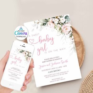 Pink floral baby shower invitation