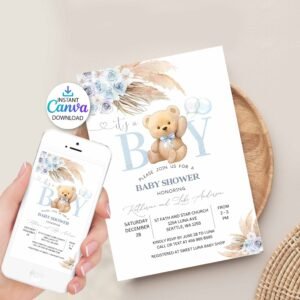 It's a BOY Blue Pampas Grass We Can Bearly Wait Blue Boho Teddy Bear Baby Shower Invitation