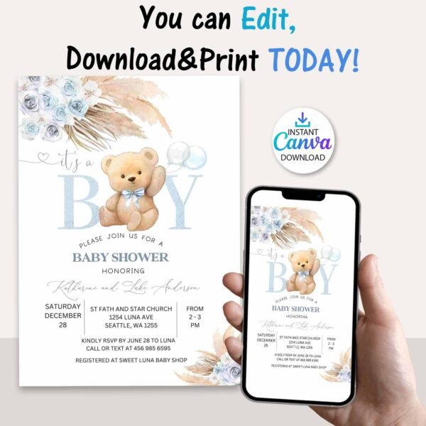 It's a BOY Blue Pampas Grass We Can Bearly Wait Blue Boho Teddy Bear Baby Shower Invitation